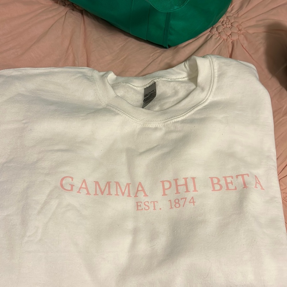 White with pink gamma phi beta lettering crew neck